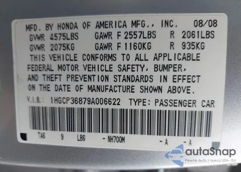2009 Honda Accord Sdn 3.5 Ex-L/Ex-L из США, поврежденный, VIN 1HGCP36879A006622